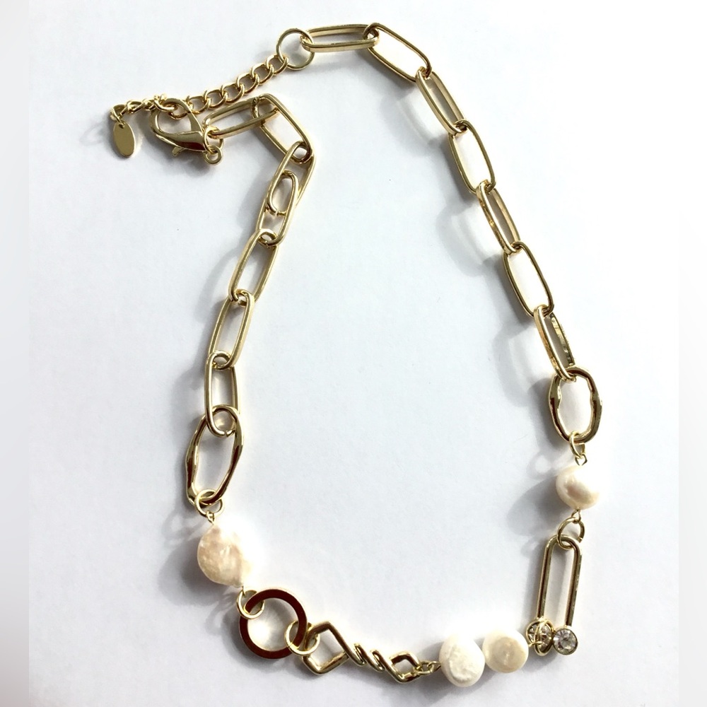 Genuine Freshwater Pearl 14k Plated Yellow Gold Paperclip Crystal